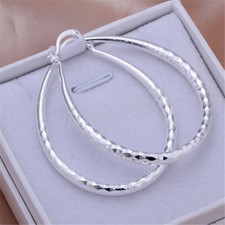 Women's Real 925 Sterling Silver Diamond-Cut 2x1.6inch Medium Oval Hoop Earrings