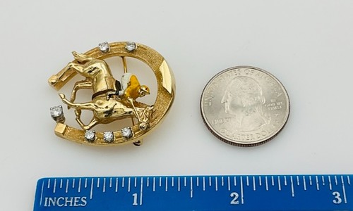 14K Yellow Gold Enameled Horse Shoe & Jockey Diamond Brooch Pin Pendant Vintage - Picture 2 of 7