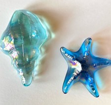 Iridescent Green Blue Glass Sea Shell Starfish Paperweights Coastal Beach Decor