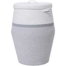 26"x20" Tall Cotton Rope Basket w/Lid, Flagon Shape, White/Grey Storage Hamper
