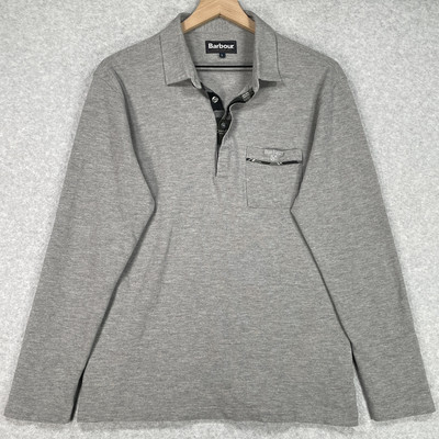 Barbour Polo Shirt Mens L Gray Slim Fit Preppy Long Sleeve Golf Pullover