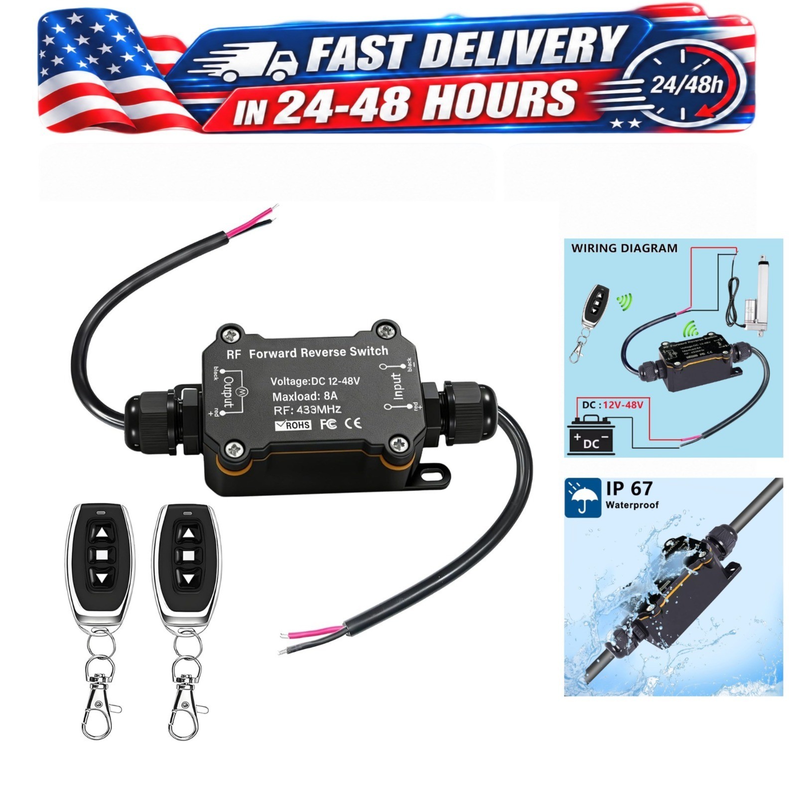 URANT Wireless Remote Switch 12V-48V 8A RF Relay for Linear Actuators