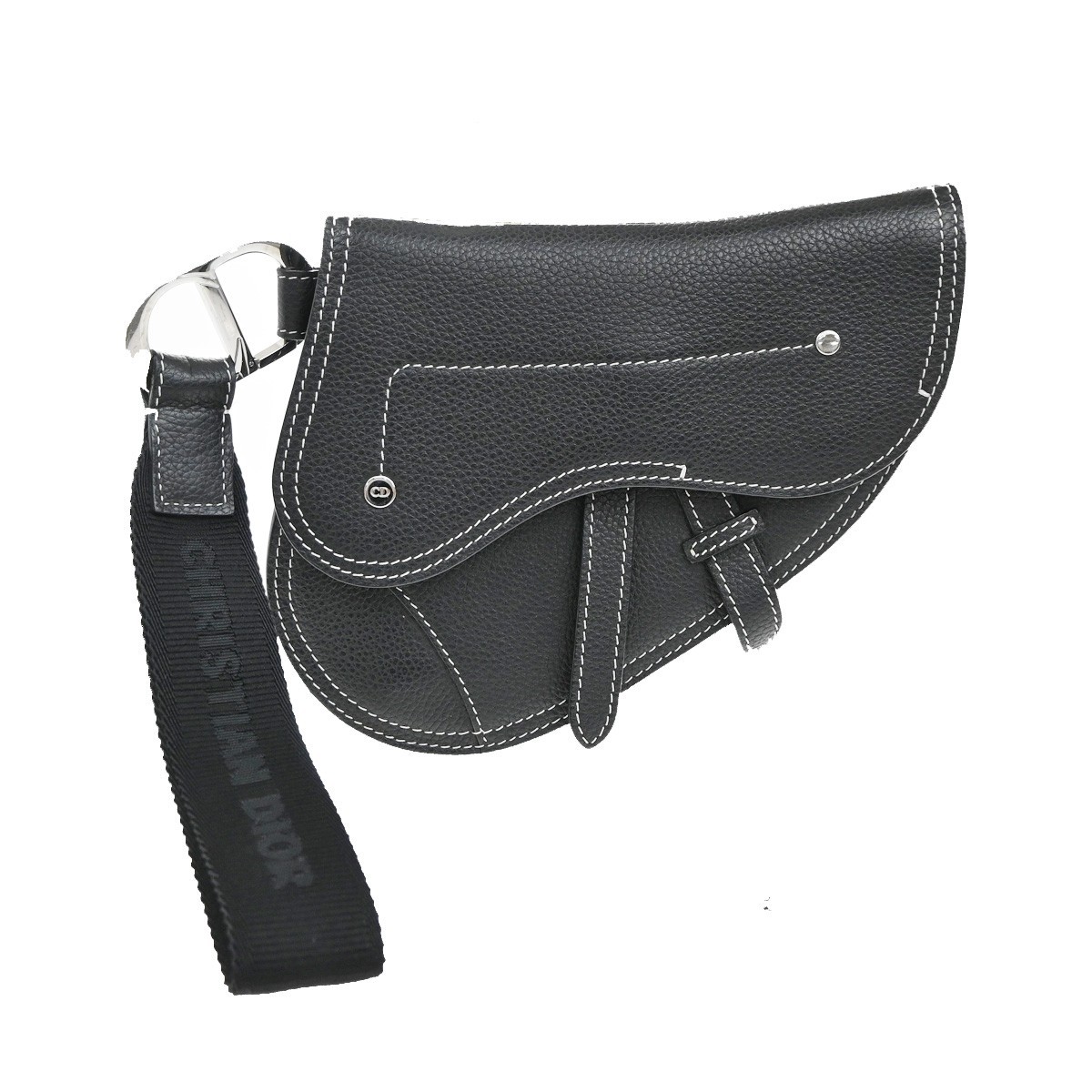 CHRISTIAN DIOR CD Logo Saddle Mini Pouch Bag Leather Black SHW 18TA508