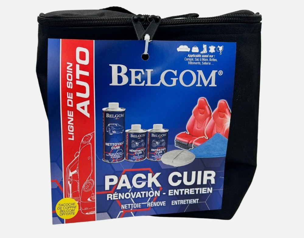 Pack auto cuir rénovation entretien Belgom Leather kit de soin complet pour sièges