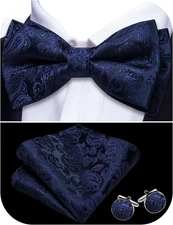 Paisley Striped Bow Tie for Men Silk Pre-Tied Bowtie Pocket Square Cufflinks Set