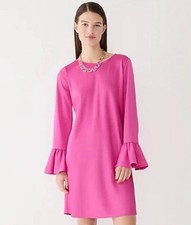 NWT J. Crew Women Pink Shift Dress Ruffle Long Sleeve Crew Neck Satin Crepe Sz 6