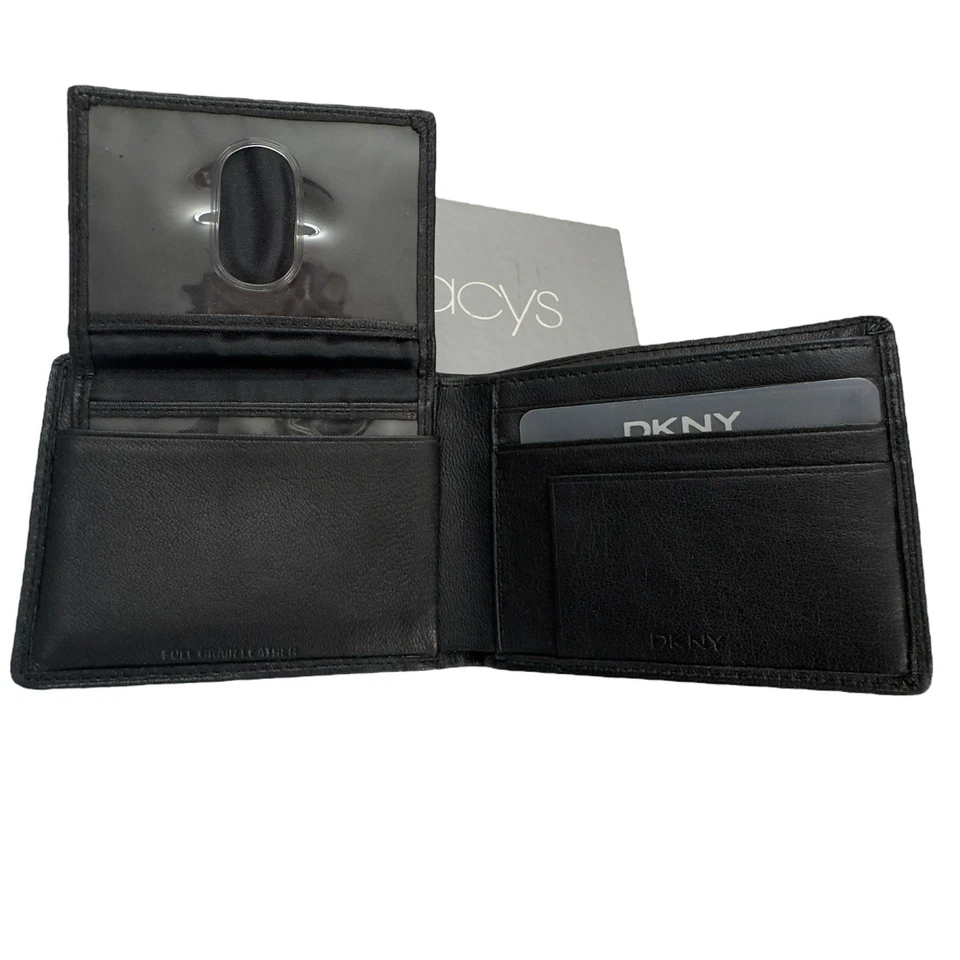 DKNY 黑色皮革双折钱包全新 2000 年代早期梅西百货盒真皮 ID — 第 4/4 张图片