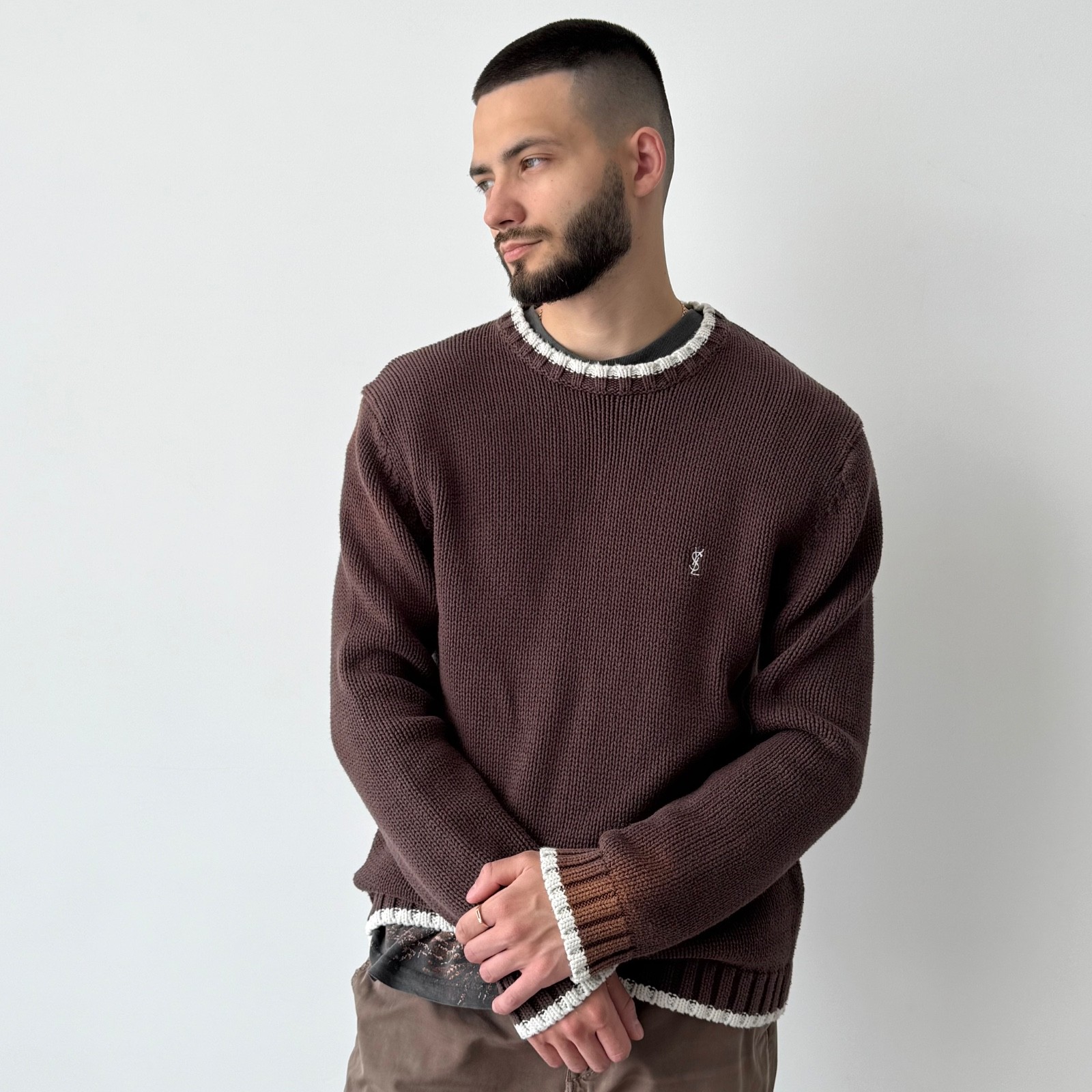 Maglione Vintage YSL Yves Saint Laurent Pour Homme Maglia Pesante Marrone Taglia S