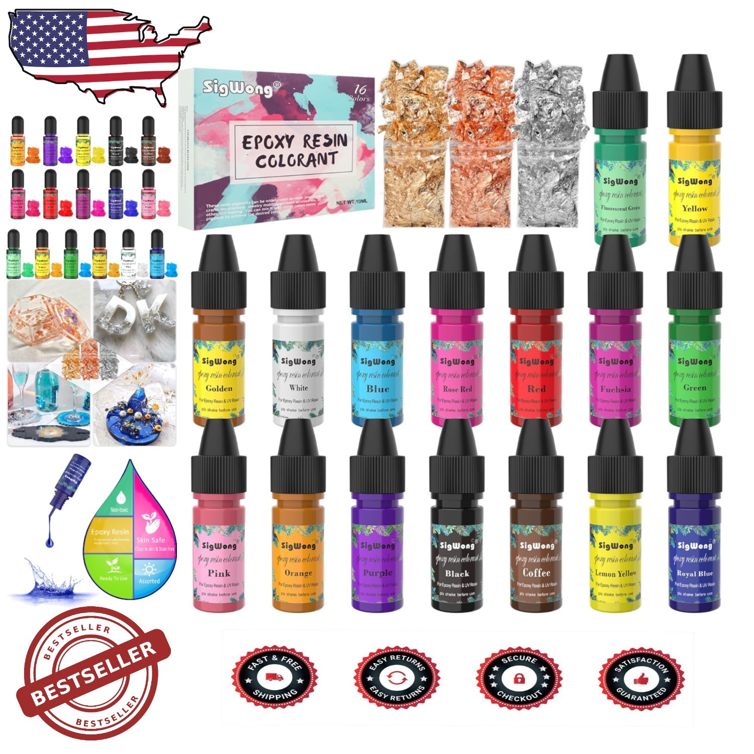 16-Color 10ml Liquid Resin Pigment Set with Gold Foil for DIY Crafts