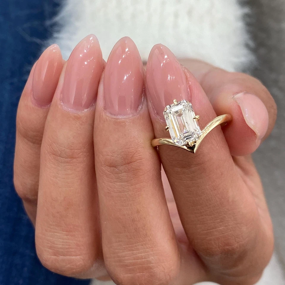 Emerald Cut Lab Grown Diamond Engagement Solitaire Chevron Ring 10K Gold Ring - Image 3 of 4