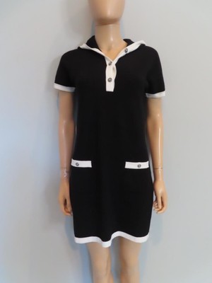 CHANEL 24C Black/White Trim Short Slv Cashmere Hooded Sweater Dress F 36/US 4