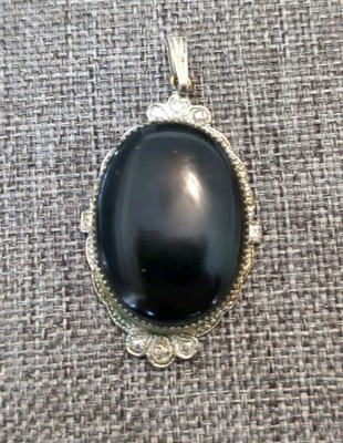 Vintage Mourning Pendant Black Cabochon Silver Pendant