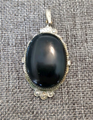 Vintage Mourning Pendant Black Cabochon Silver Pendant