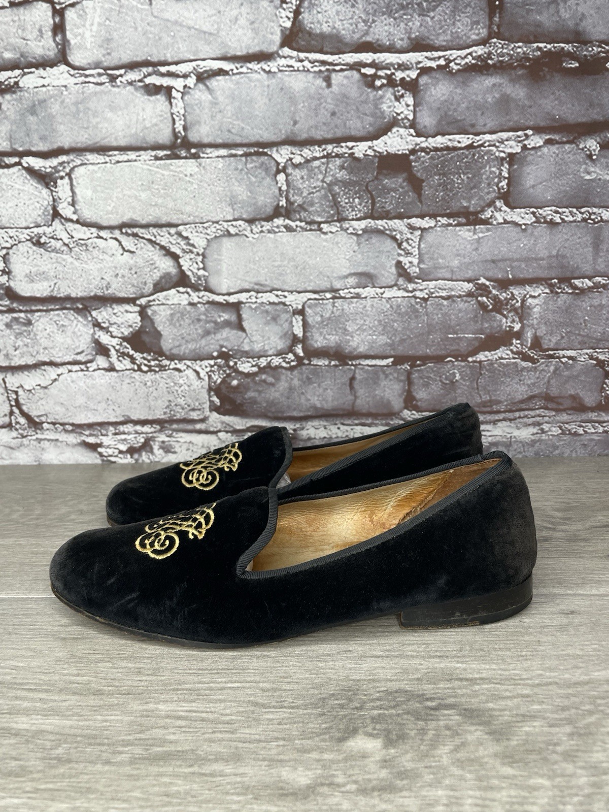 PANTOFOLA D’ORO Stubbs & Wootton dorato stemma nero velluto ciabatte donna taglia 7M US 38EU