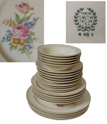 Vtg TAYLOR SMITH TAYLOR CHINA 1930'S 25 PC FLORAL GOLD TRIM RIM