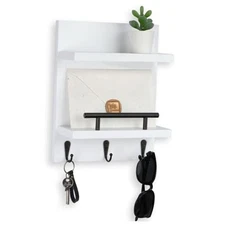 Key Holder Wall Mount, Mail Shelf Decor with 3 Key Hooks, Versatile Wood White