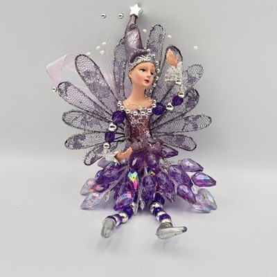 Vintage Purple Pixie Fairy Christmas Tree Ornament Hanging Beaded Shiny 8  Girl