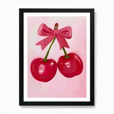 Two Cherries With A Bow Art Print Framed Wall Art Poster Canvas Print Picture