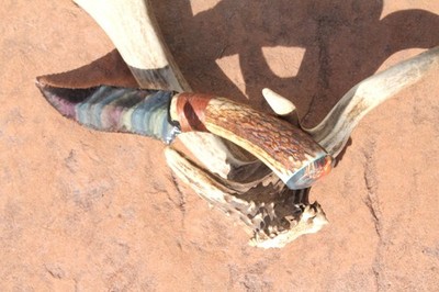 Rainbow obsidian ~Elk antler knife ~Stabilized wood box elder burl~Flintknapping