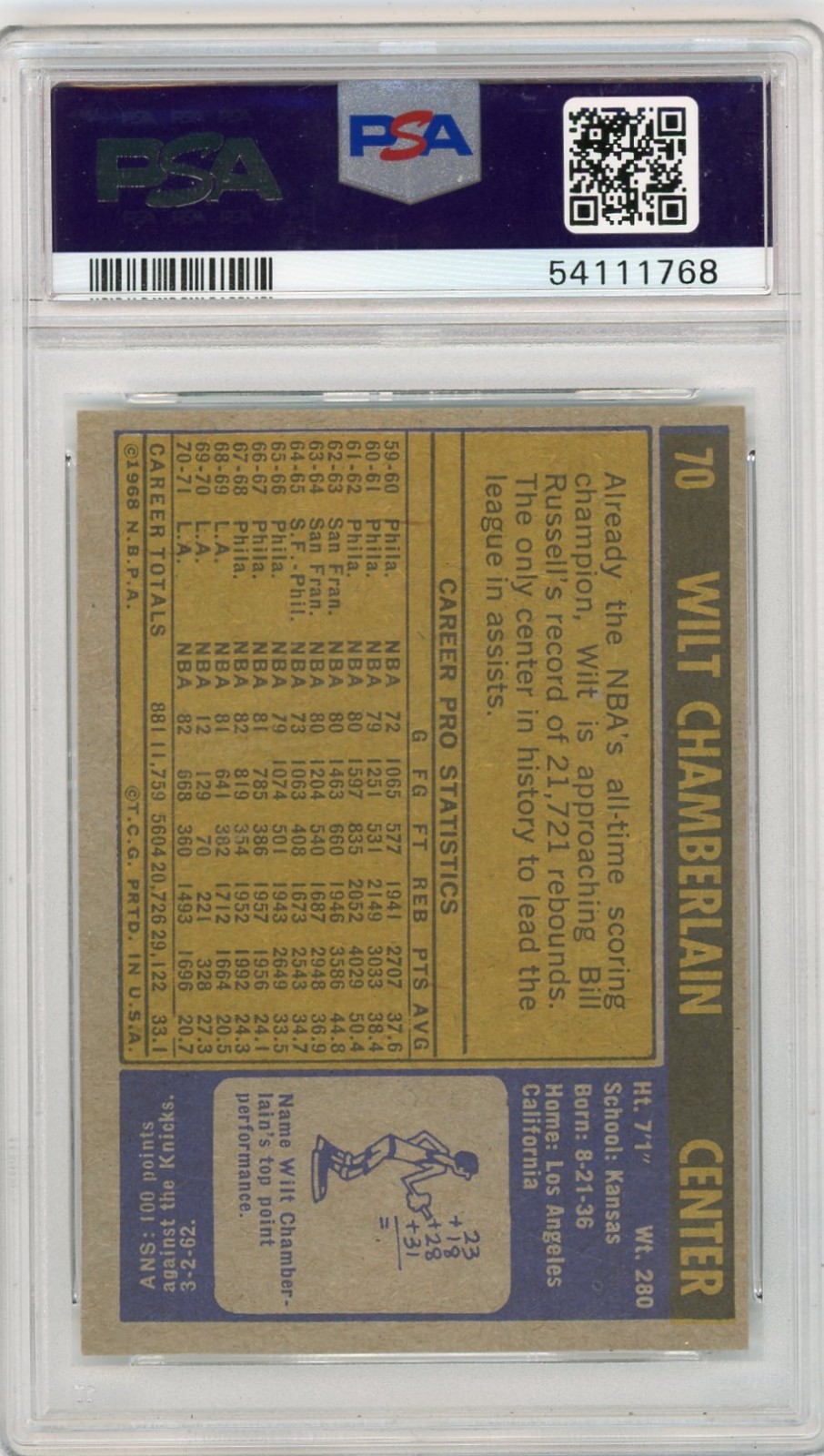 1971 Topps Basketball #70 Wilt Chamberlain PSA 7 NM HOF Vintage Lakers view 2