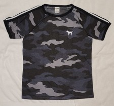 Victoria's Secret PINK Ringer Gray Camo Front  Rear Dog Logo Tshirt L NWT