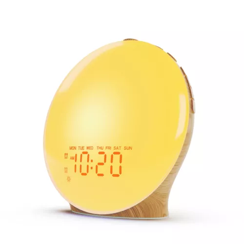 Sunrise Alarm Clock with FM Radio Dual Alarms 15 Nightlights Wood Grain