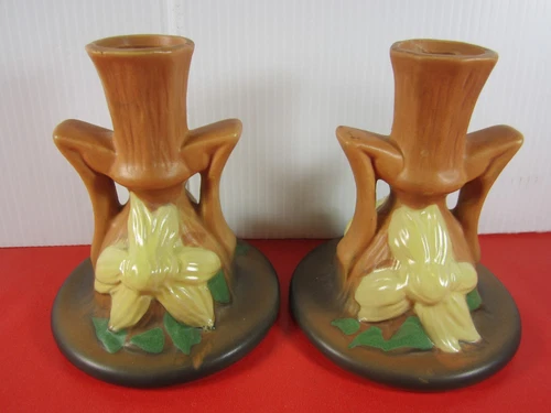 Vintage ROSEVILLE CLEMATIS Brown Candleholders, Mid 20th Cent., Amer. Art Potter