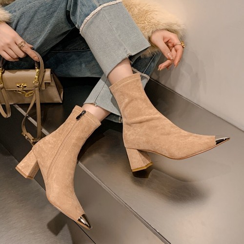 Damenschuhe elastisch Wildleder eckige Zehenpartie koreanischer Blockabsatz seitlicher Reißverschluss - Bild 2 von 27
