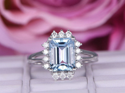 2ct Lab-Created Emerald Blue Aquamarine Ring Halo Split Shank White Gold Plated