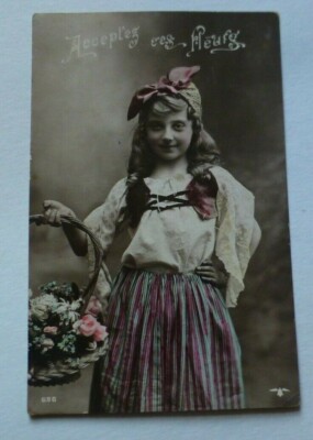 S304 Accept These Flowers Little GIRL With Basket WWI Postcard 1918 'Old Blighty