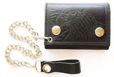 Black Full Grain Leather Men's Biker's Chain Trifold Wallet Trucker Motorcycle