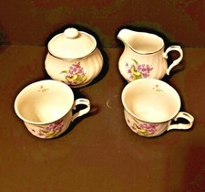 Vintage Floral Violet Purple Tea Set Cream Sugar Three Tea Cups