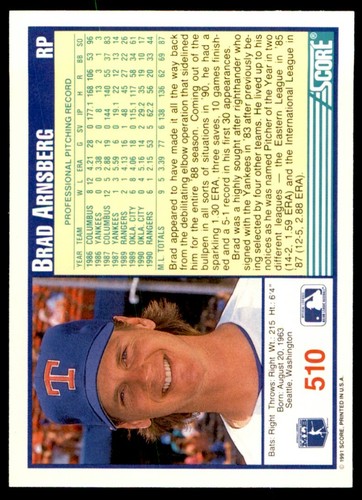 1991 Score Brad Arnsberg Texas Rangers #510 - Picture 2 of 2