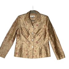 Rafael Silk Blend Blazer Women Size 8 Gold Floral Flower Embroidered Embroidery