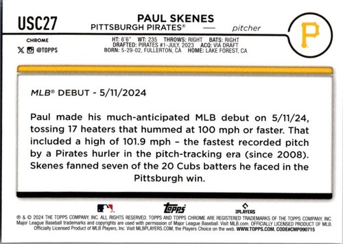 2024 Topps Chrome Update #USC27 Paul Skenes - Picture 2 of 2