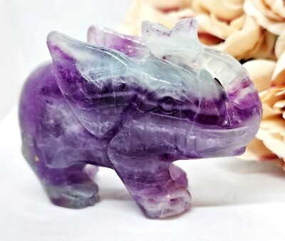Rainbow Watermelon Fluorite Elephant Crystal Carving 267g Purple Blue 6x8x3.2cm