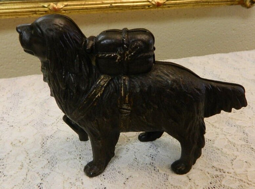 AntiqueCast Iron St. Bernard Dog "I HEAR A CALL" Still Coin Bank 8" Long