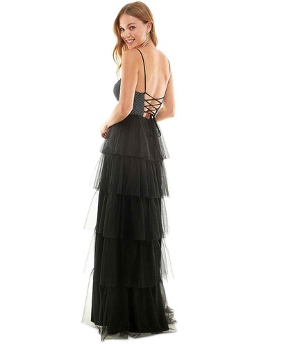 City Studios Juniors Black Lace-Up-Back Tiered Gown Dress - 3 - Black - Picture 2 of 6