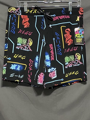 SURF SOCIETY Shorts Men Medium Neon Swim Shorts Printed Beach Pool NWT MSRP $52