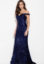 Jovani Navy Velvet Sequins Mermaid Style Gown Off-shoulders Dress Size 4/6