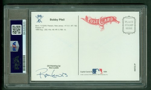 Bobby Pfeil 1969 Miracle Mets Postcard Ron Lewis Art PSA /DNA Authentic - Picture 2 of 2