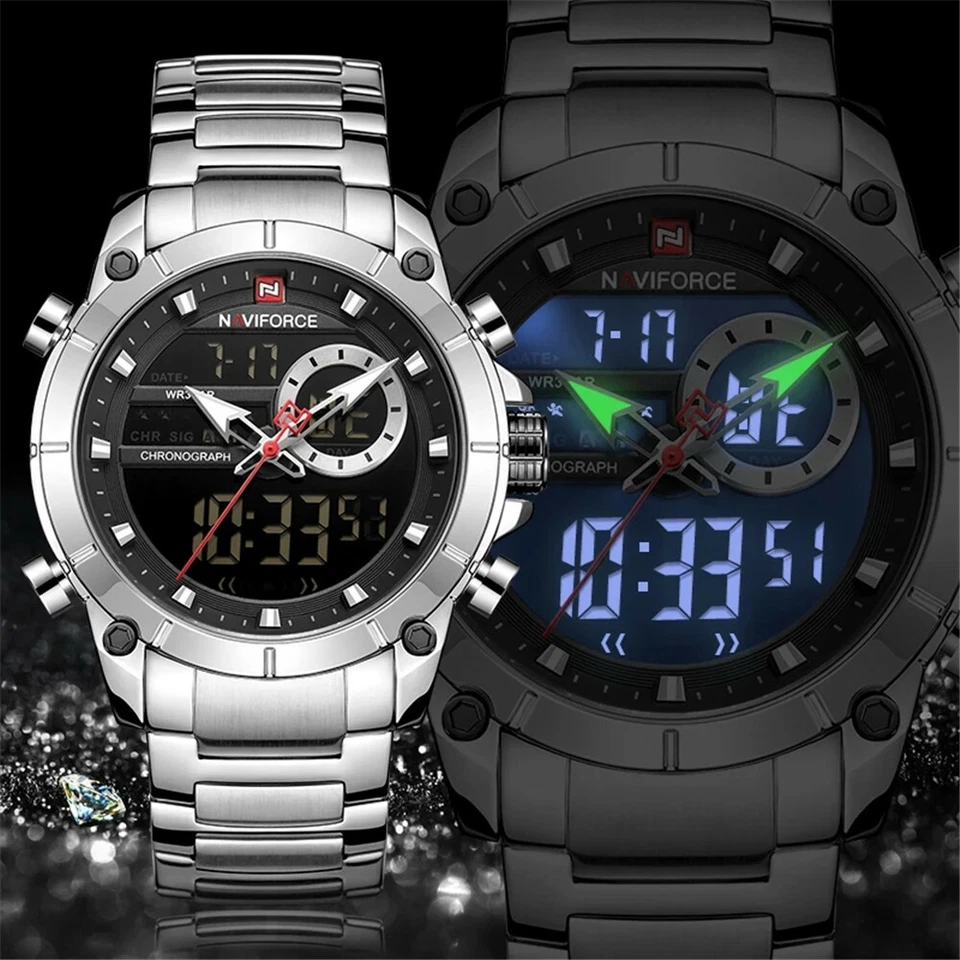 NAVIFORCE Men Digital Watch Steel Business Wristwatch Dual Time LED Quartz Watch - Image 2 of 4