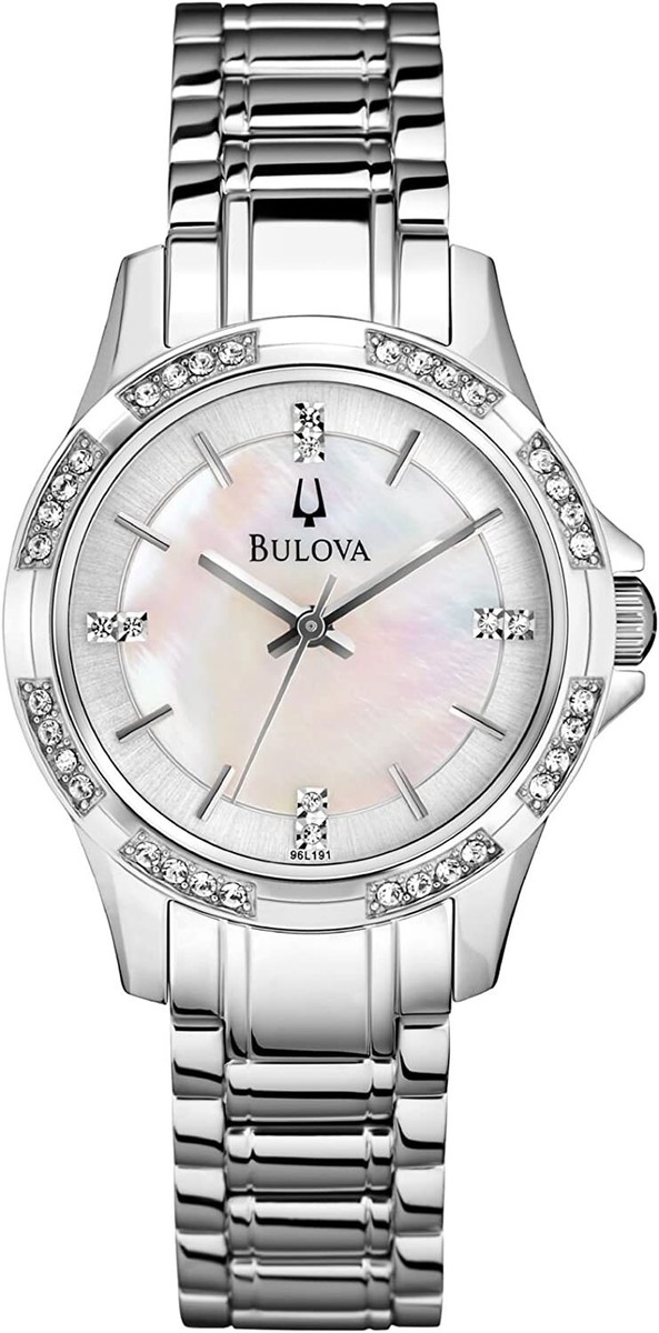 Bulova Silver Watch with White Dial and Crystal Bezel Ladies main image 2