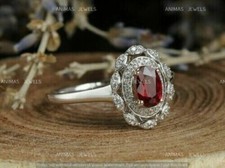Real 925 Sterling Silver 2.2Ct Oval Cut Lab-Created Red Garnet Halo Wedding Ring