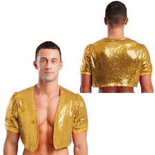 UK Men Glitter Sequin Short Sleeve Open Front Crop Bolero Shrug Cardigan Jacket