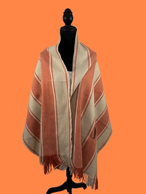 Madewell Check Cape Scarf Fringed Long Wrap Shawl Neutral 100% Wool  Beige/Orange
