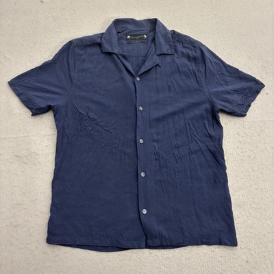 AllSaints Ventura Shirt Mens Size Medium Relaxed Fit Navy Loop Collar Camp