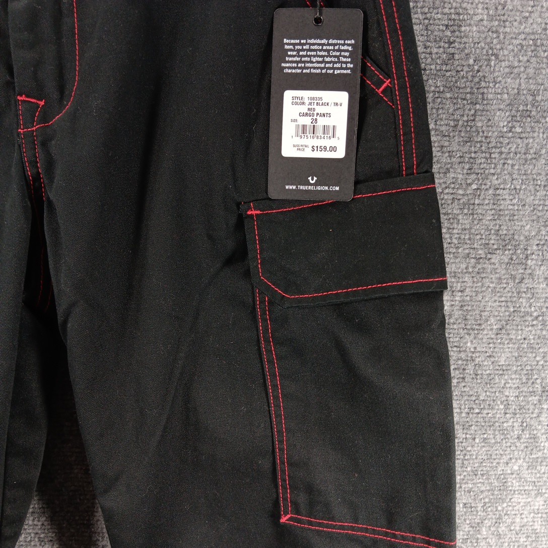 True Religion 28 Cargo Pants JET BLACK RED TRIM 33