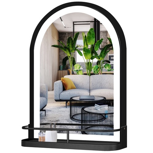 20 x 30 Inch Black Arch Bathroom LED Mirror with Shelf Storage 3Color ...