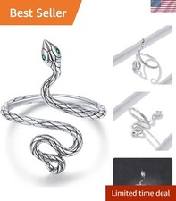 Exquisite Adjustable Snake Ring in 925 Sterling Silver with Green Zirconia Eyes